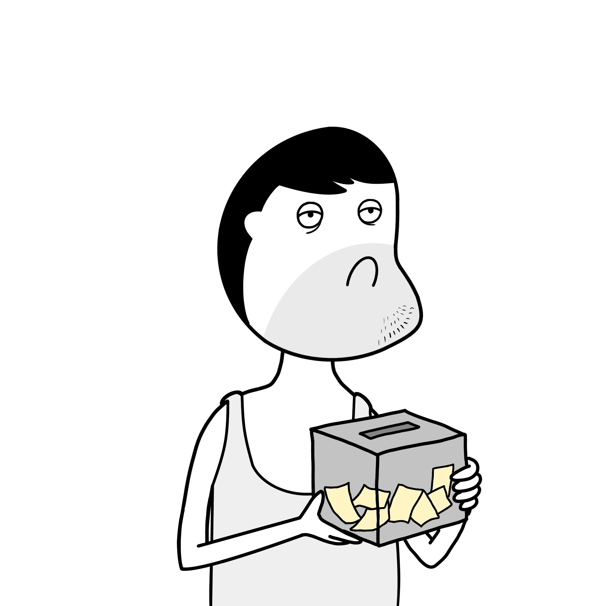 Unemployee holding a raffle box covered in little yellow tickets